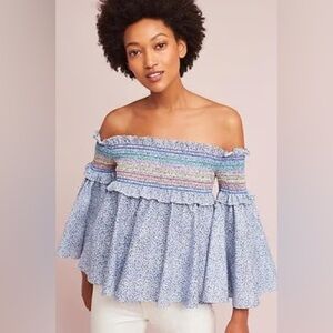 Petersyn Women’s Davenport Off The Shoulder blue floral rainbow smocked top S